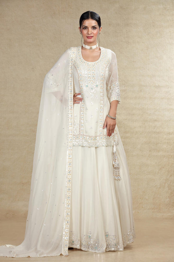 WHITE IVORY TONE ON TONE HAND EMBROIDERED LEHENGA SUIT SET #8033