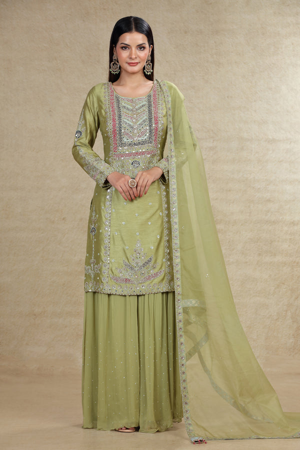 MINT GREEN RAW SILK MULTI COLOR HAND EMBROIDERED GHARARA SUIT SET #8032