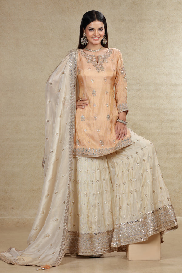 DUSTY PEACH & IVORY CONTRAST GHARARA SUIT SET #8063