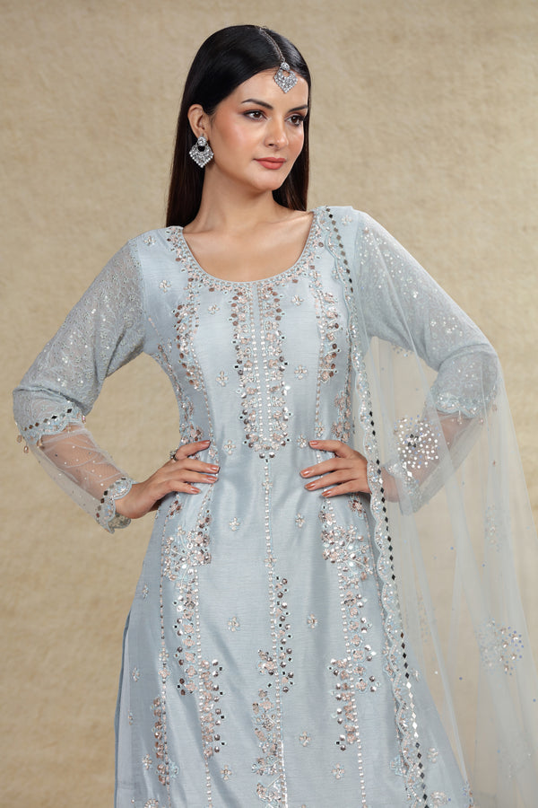 GREYISH BLUE RAW SILK HAND EMBROIDERED GHARARA SUIT SET #8012