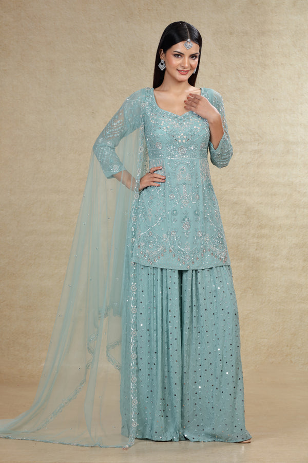 DUSTY ICE BLUE TONE ON TONE HAND EMBROIDERED GHARARA SUIT  SET #8009