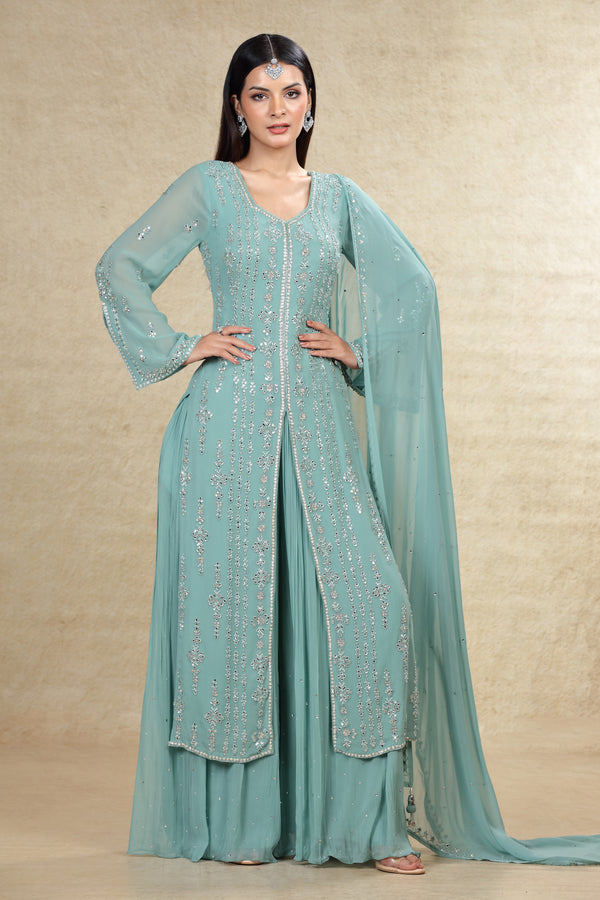 DUSTY SEA GREEN HAND EMBROIDERED LONG TOP FRONT SLIT GHARARA SUIT SET #8001