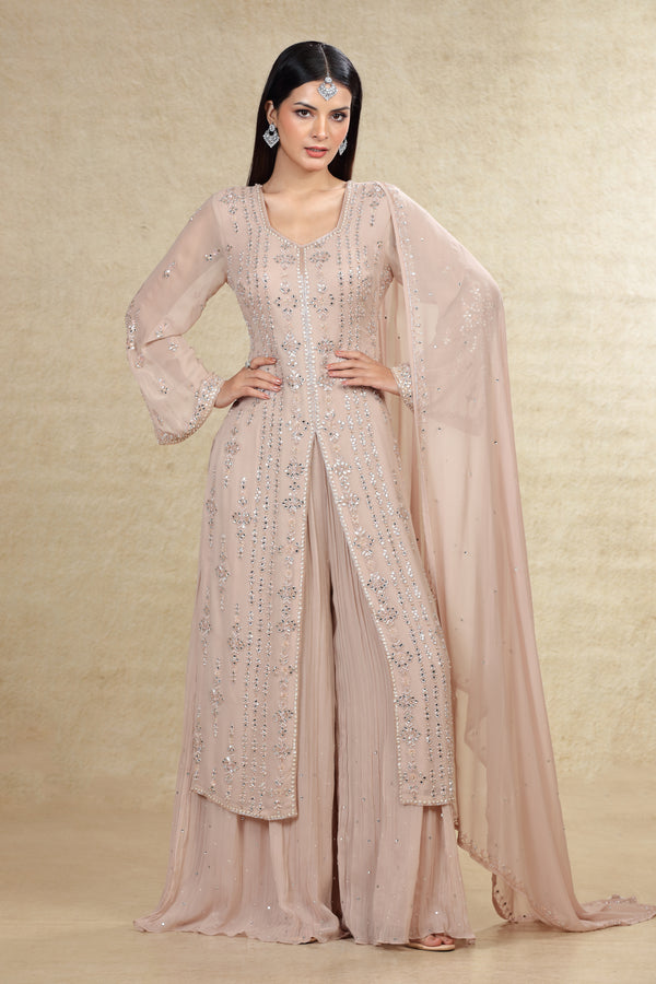 LIGHT TAUPE HAND EMBROIDERED LONG TOP WIT FRONT SLIT GHARARA SUIT SET #8000