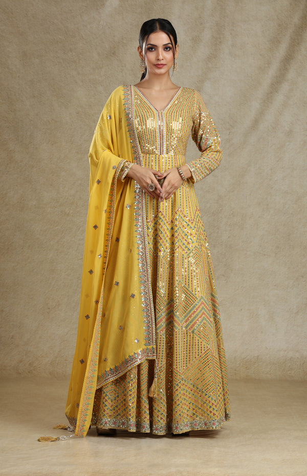 DARK YELLOW SEQUINS & THREADWORK ANARKALI GOWN SET #7683