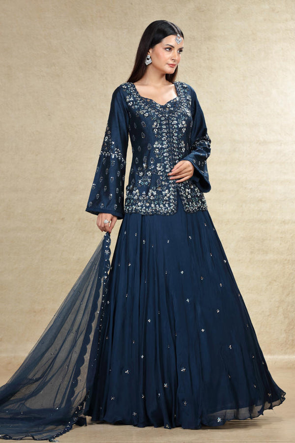 NAVY BLUE HAND EMBROIDERED LEHENGA SUIT SET #8029