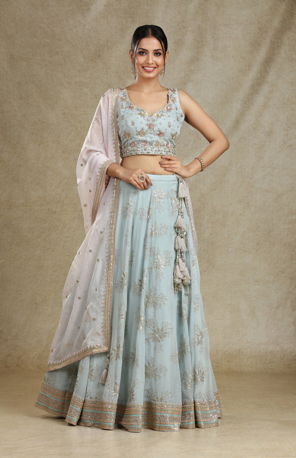 GRAYISH BLUE & BLUSH PINK ORGANZA LEHENGA SET #7694