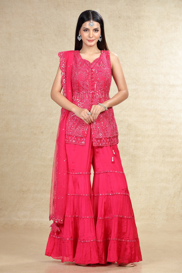 HOT PINK HAND EMBROIDERED LACE LOOK SHARARA SUIT SET #8004