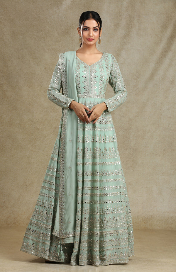 SAGE GREEN FOILWORK ANARKALI GOWN SET #7688