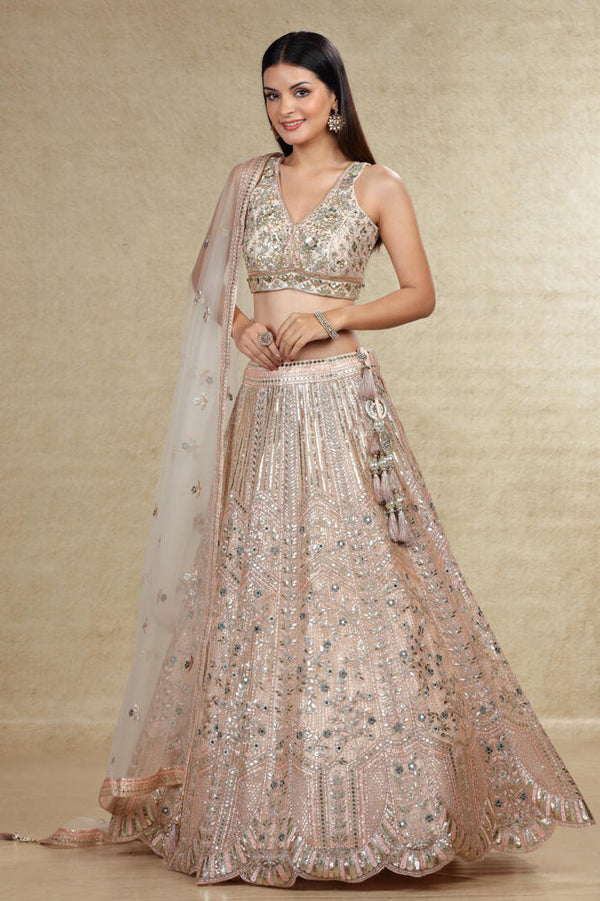 POWDER PINK LEHENGA SET WITH HAND EMBROIDERED BLOUSE #8079