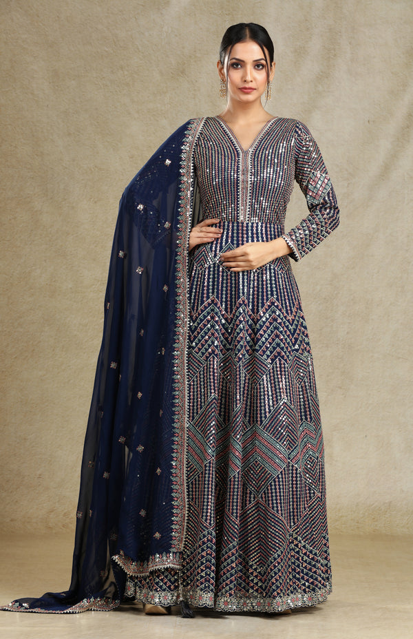 NAVY BLUE SEQUINS & THREADWORK ANARKALI GOWN SET #7685