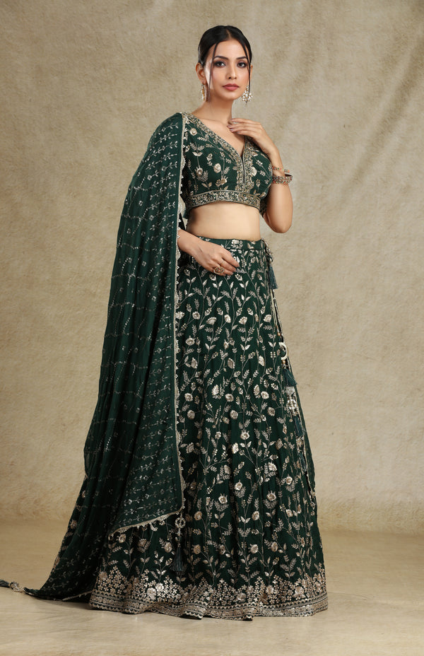 FOREST GREEN ORGANZA LEHENGA SET #7695