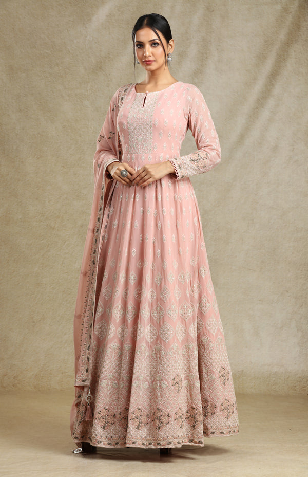 DUSTY PEACHY PINK CHIKANKARI ANARKALI GOWN SET #7687