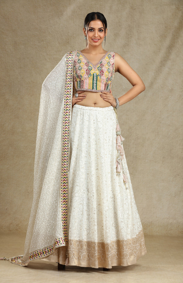 IVORY SEQUINS LEHENGA WITH BANARASI STYLE BORDER WITH MULTICOLOR BLOUSE #7691