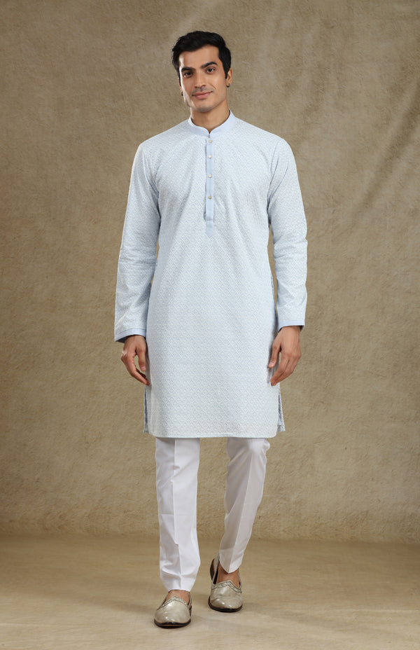 LIGHT GRAY CHIKANKARI KURTA SET #7628