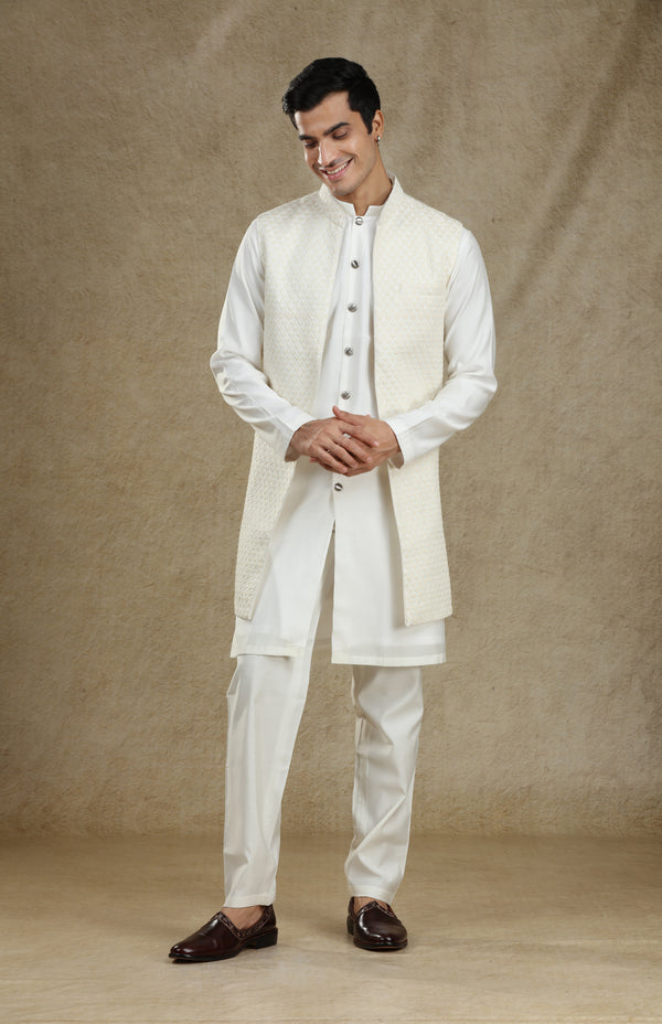 WHITE IVORY TONE ON TONE LONG OPEN STYLE BANDI KURTA SET #7742