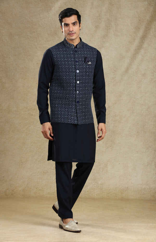 ALL NAVY CHIKANKARI BANDI KURTA SET #7719