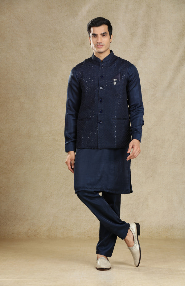 ALL NAVY SILK SEQUINS BANDI KURTA SET #7732