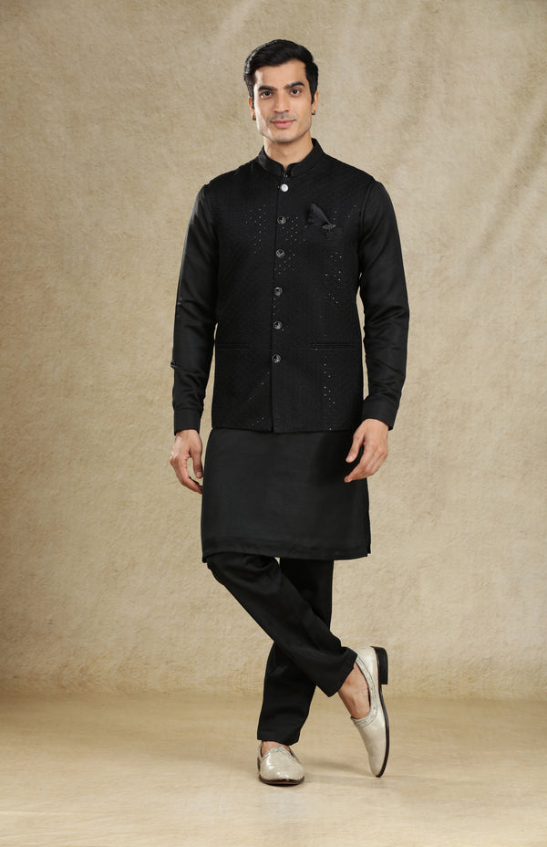 ALL BLACK SILK SEQUINS BANDI KURTA SET #7734