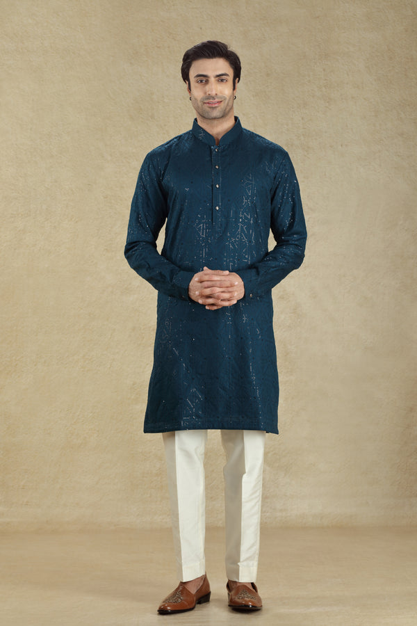 TEAL FRENCH KNOT EMBROIDERED BUTTON DOWN KURTA SET #8197