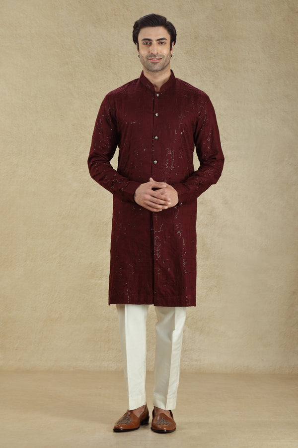 BURGUNDY FRENCH KNOT EMBROIDERED BUTTON DOWN KURTA SET #8195