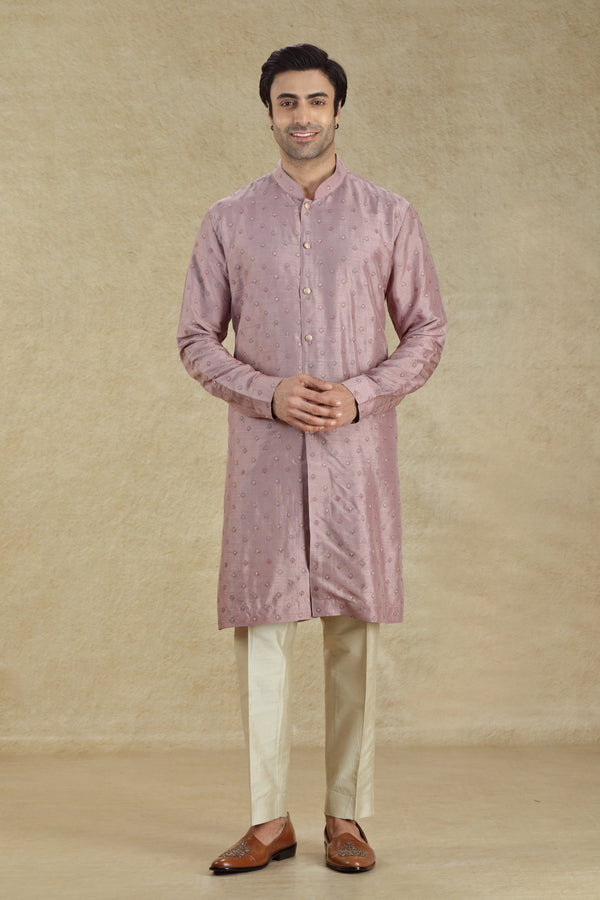 MAUVE PASTEL THREAD EMBROIDERED SILK BUTTON DOWN KURTA SET #8181