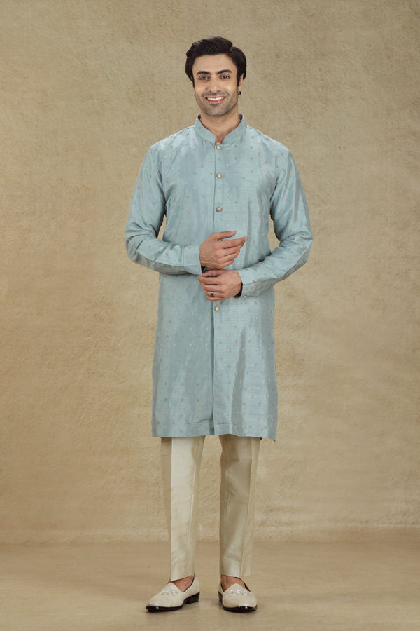 GREYISH BLUE THREAD EMBROIDERED SILK BUTTON DOWN KURTA SET #8182