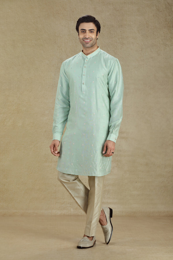 DUSTY TEAL THREAD EMBROIDERED SILK KURTA SET #8184