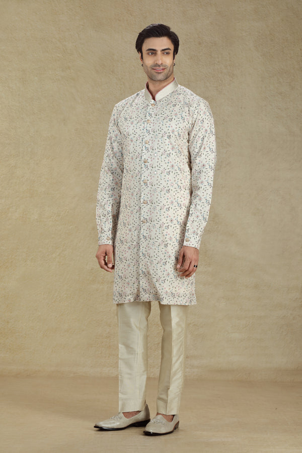 LIGHT BEIGE MULTI COLOR FLORAL MOTIF EMBROIDERED BUTTON DOWN KURTA SET #8167