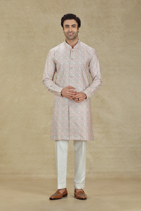 DUSTY LILAC THREAD & SEQUINS EMBROIDERED BUTTON DOWN KURTA SET #8200