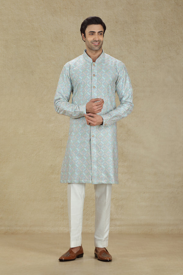 POWDER BLUE THREAD & SEQUINS EMBROIDERED BUTTON DOWN KURTA SET #8201