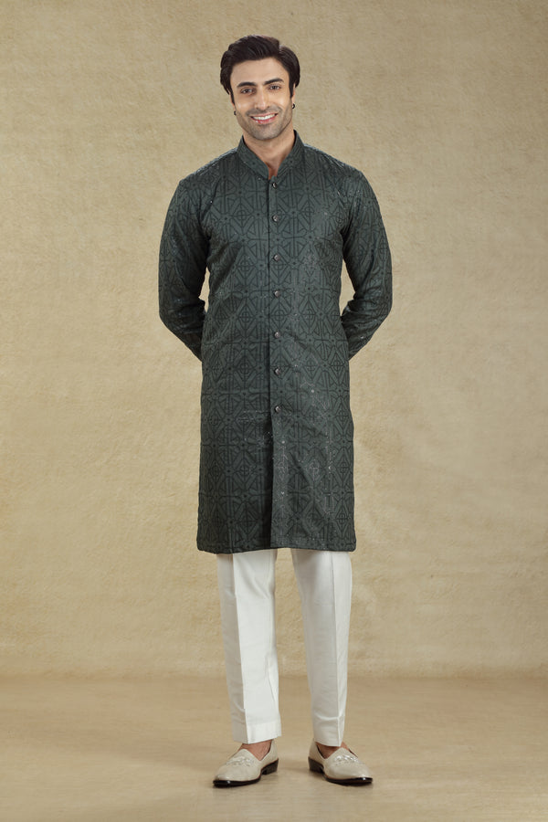 GREYISH BLACK FRENCH KNOT EMBROIDERED BUTTON DOWN KURTA SET #8198