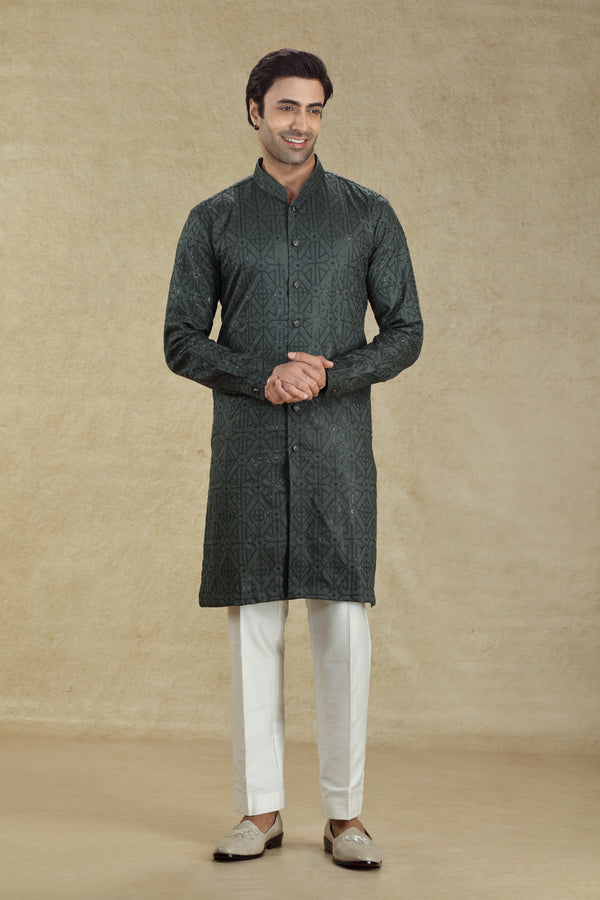 GREYISH BLACK FRENCH KNOT EMBROIDERED BUTTON DOWN KURTA SET #8199