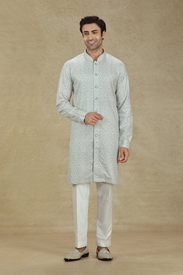 ASH GREY FRENCH KNOT EMBROIDERED BUTTON DOWN KURTA SET #8171