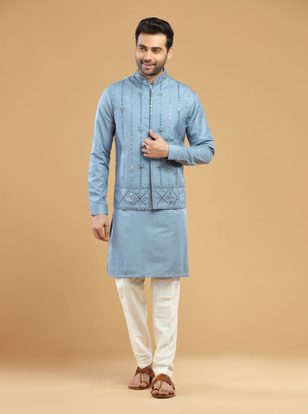 GREYISH BLUE HAND EMBROIDERED MIRROR WORK BANDI KURTA SET #7516