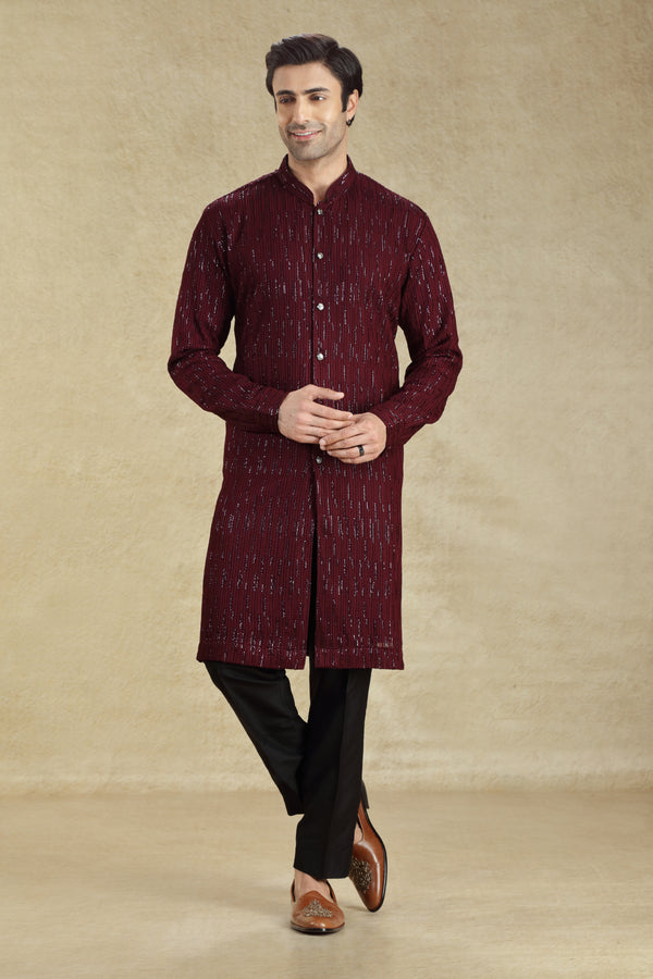 MAROON CHIKANKARI EMBROIDERED BUTTON DOWN KURTA SET #8186