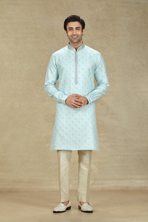 LIGHT POWDER BLUE BANARASI BROCADE SILK KURTA SET #8177