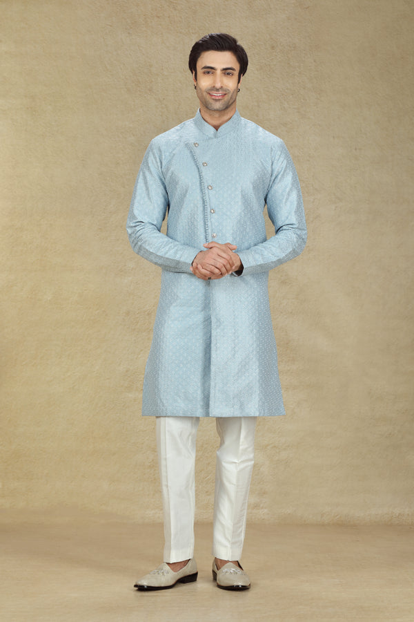 GREYISH BLUE THREAD EMBROIDERED ASYMMETRICAL BUTTON DOWN KURTA SET #8204