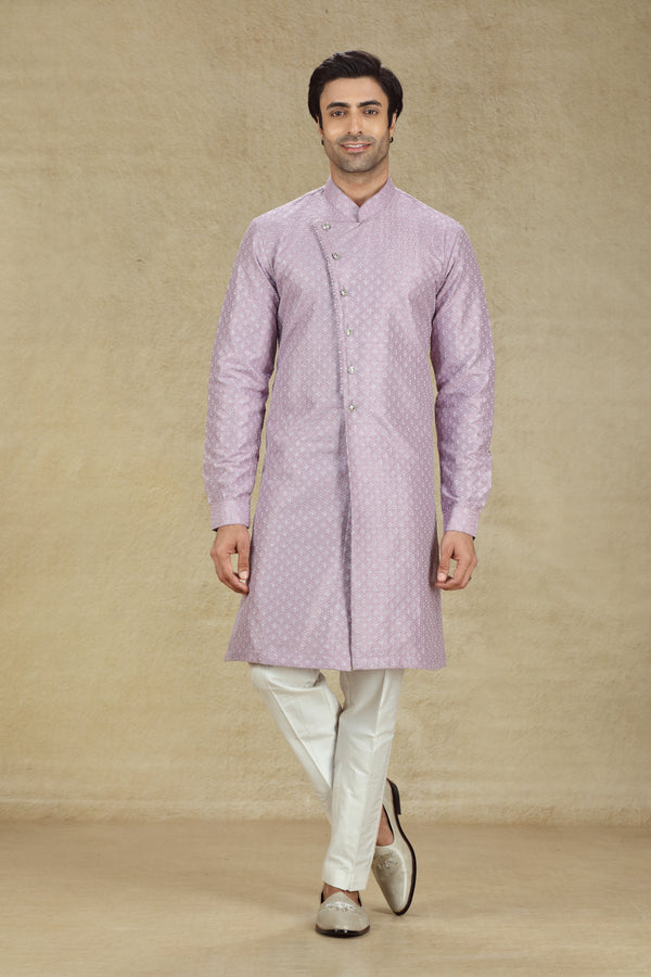 LAVENDAR THREAD EMBROIDERED ASYMMETRICAL BUTTON DOWN KURTA SET #8203