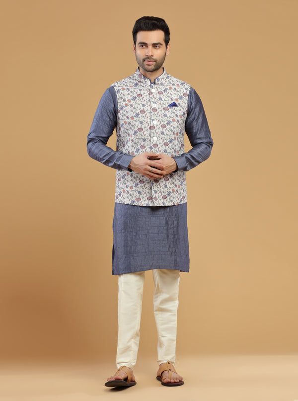 IVORY & STEEL BLUE FLORAL PRINTED THREADWORK BANDI KURTA SET #7514