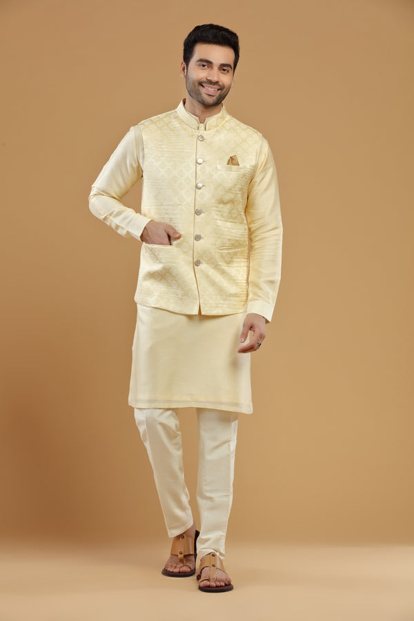 CREAM BEIGE BROCADE SILK BANDI KURTA SET #7503