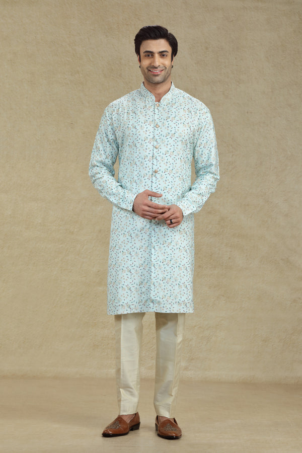 LIGHT POWDER BLUE MULTI COLOR FLORAL MOTIF EMBROIDERED BUTTON DOWN KURTA SET #8168