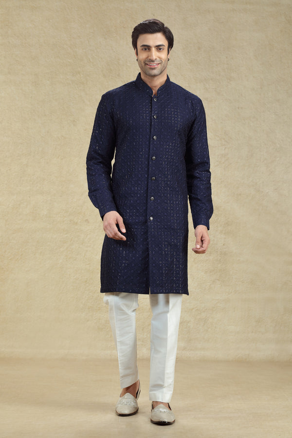 NAVY BLUE CHIKANKARI EMBROIDERED BUTTON DOWN KURTA SET #8192