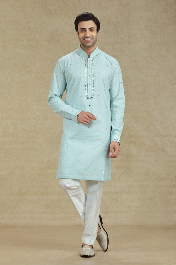 LIGHT SEA GREEN THREAD & MIRROR EMBROIDERED KURTA SET #8185