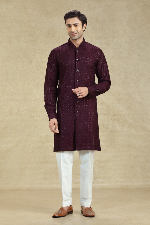 WINE CHIKANKARI EMBROIDERED BUTTON DOWN KURTA SET #8191