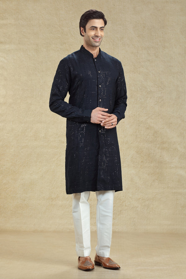 NAVY BLUE FRENCH KNOT EMBROIDERED BUTTON DOWN KURTA SET #8194