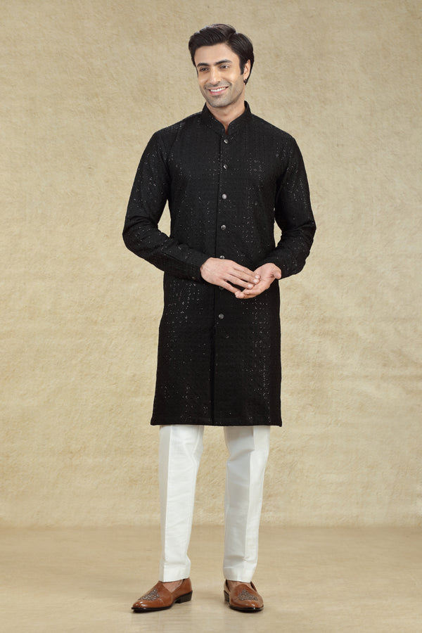 BLACK CHIKANKARI EMBROIDERED BUTTON DOWN KURTA SET #8190