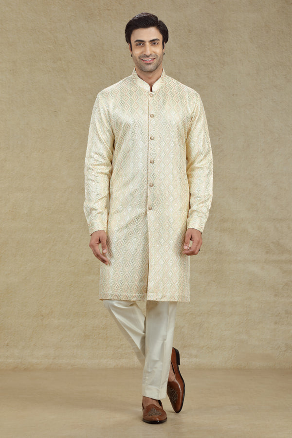 FAWN GOLD THREAD & SEQUINS EMBROIDERED BUTTON DOWN KURTA SET #8202