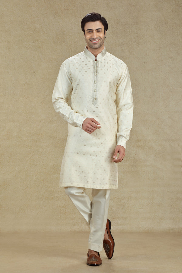 LIGHT BEIGE GOLD BANARASI BROCADE SILK KURTA SET #8180