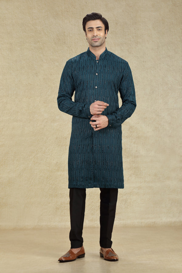 TEAL CHIKANKARI EMBROIDERED BUTTON DOWN KURTA SET #8187