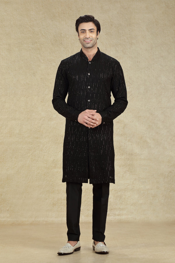 BLACK CHIKANKARI EMBROIDERED BUTTON DOWN KURTA SET #8189